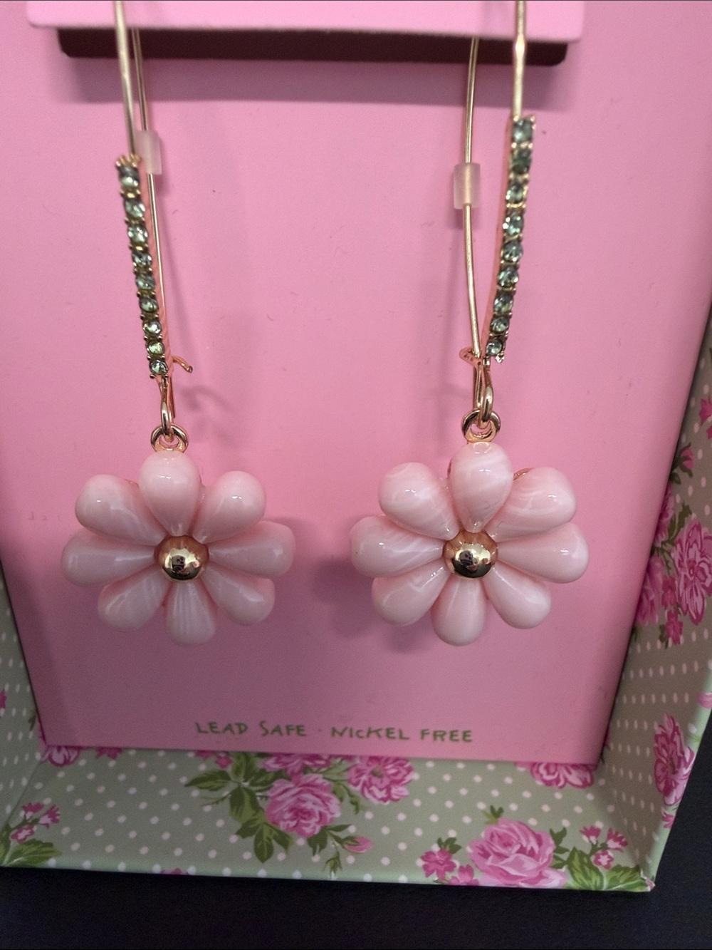 Betsey Johnson | Pink Flower Drop Earrings w/ Rhinestone Accents 🌸 - Picture 3 of 9